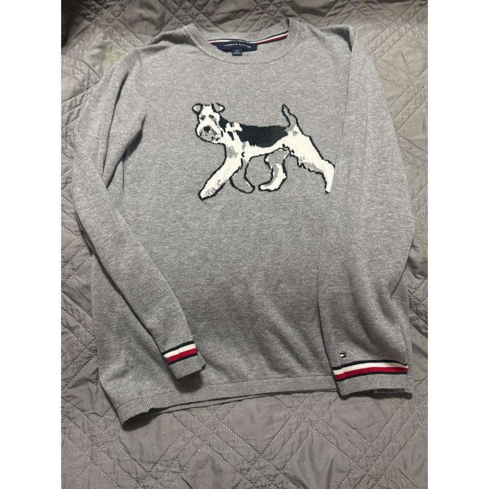 Tommy Hilfiger Womens Gray Cotton Intarsia Dog Sweater Striped Cuff J52S0312 S